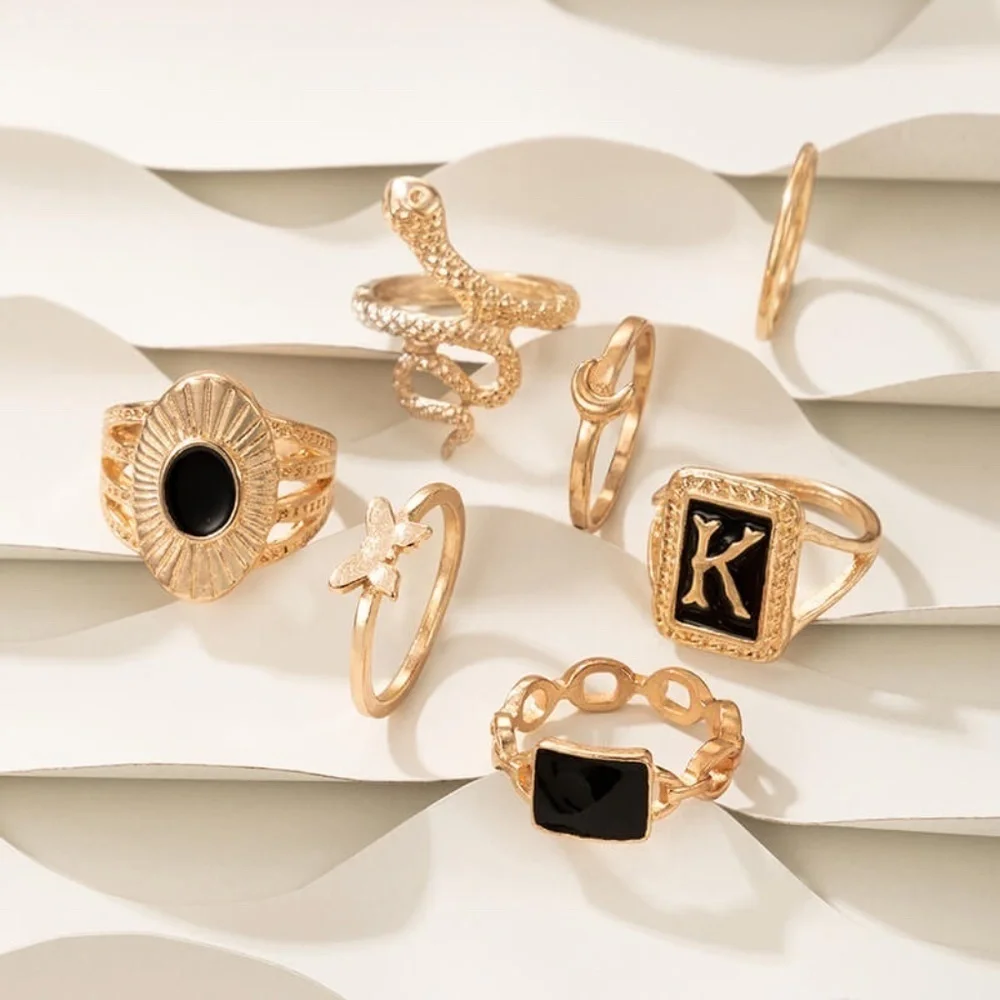 *EZLYNN* 7-Pc Gold x Black Snake Unique Fashion Ring Set